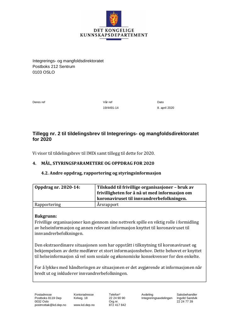 Forsiden av dokumentet Tillegg til tildelingsbrev nr. 2 2020