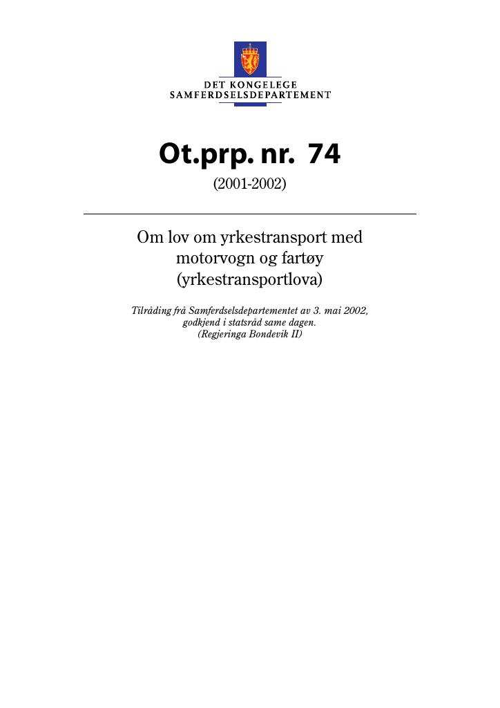 Forsiden av dokumentet Ot.prp. nr. 74 (2001-2002)