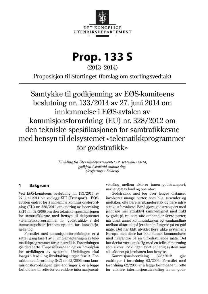 Forsiden av dokumentet Prop. 133 S (2013–2014)