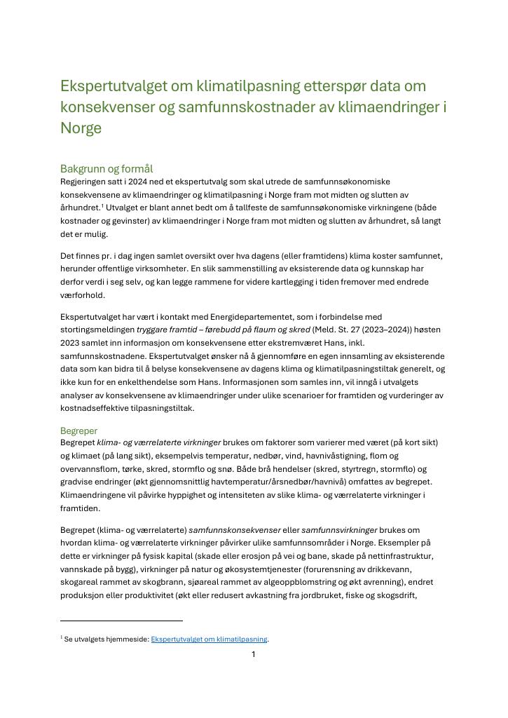 Forsiden av dokumentet Innsamling av data om konsekvenser av klimaendringer