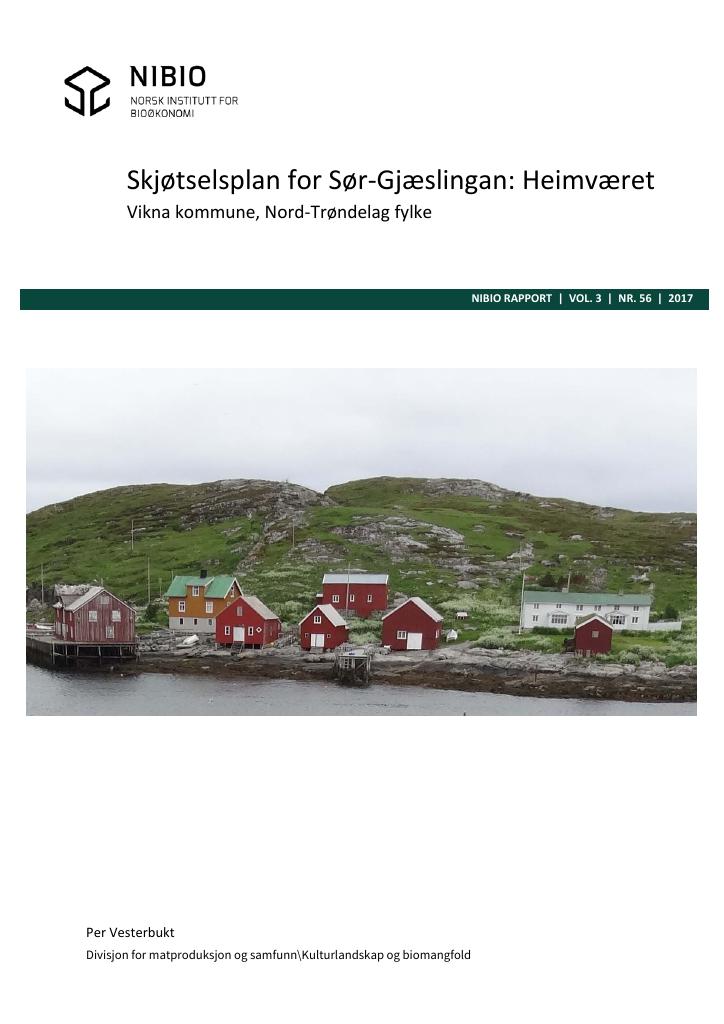 Forsiden av dokumentet Skjøtselsplan for Sør-Gjæslingan: Heimværet. Vikna kommune, Nord-Trøndelag fylke