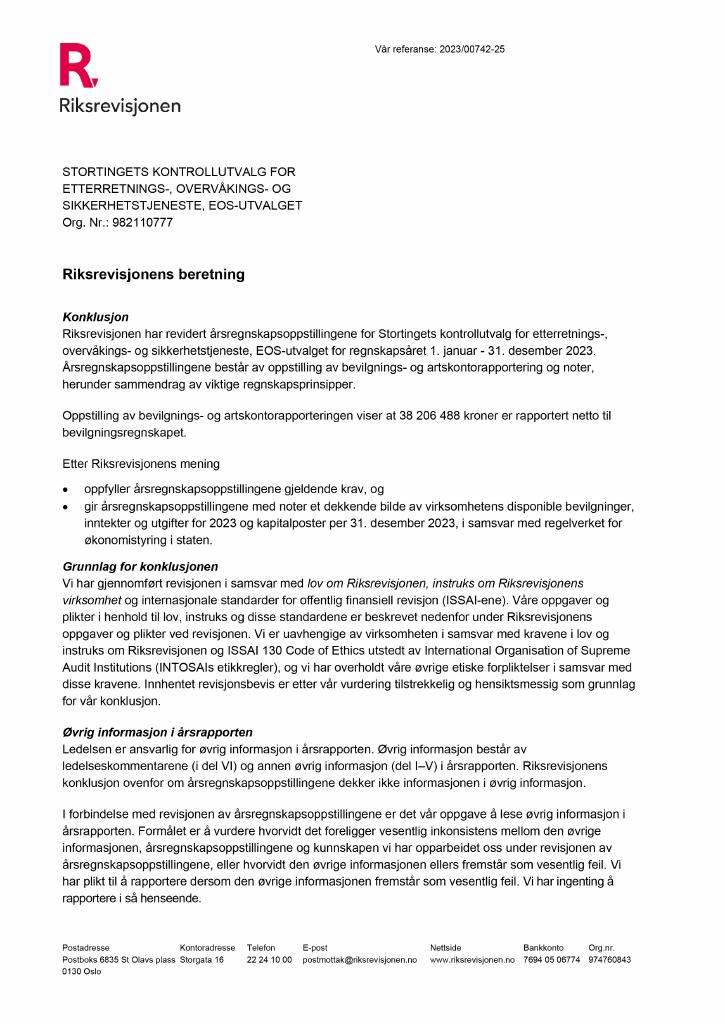 Forsiden av dokumentet Revisjonsberetning EOS-utvalget 2023