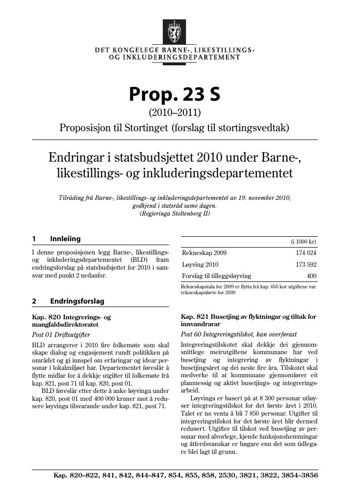 Forsiden av dokumentet Prop. 23 S (2010–2011)