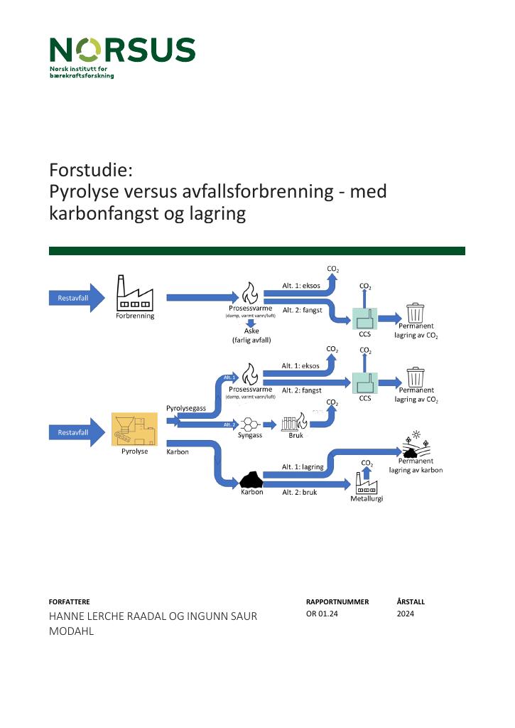 Forsiden av dokumentet Forstudie: Pyrolyse versus avfallsforbrenning - med karbonfangst og lagring