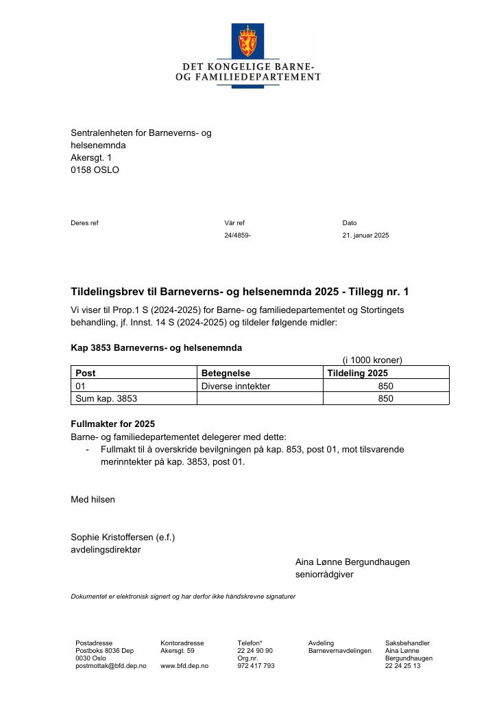 Forsiden av dokumentet Tildelingsbrev Barneverns- og helsenemnda 2025 - tillegg nr. 1