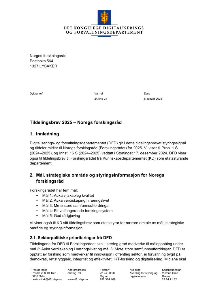 Forsiden av dokumentet Tildelingsbrev Norges forskningsråd 2025