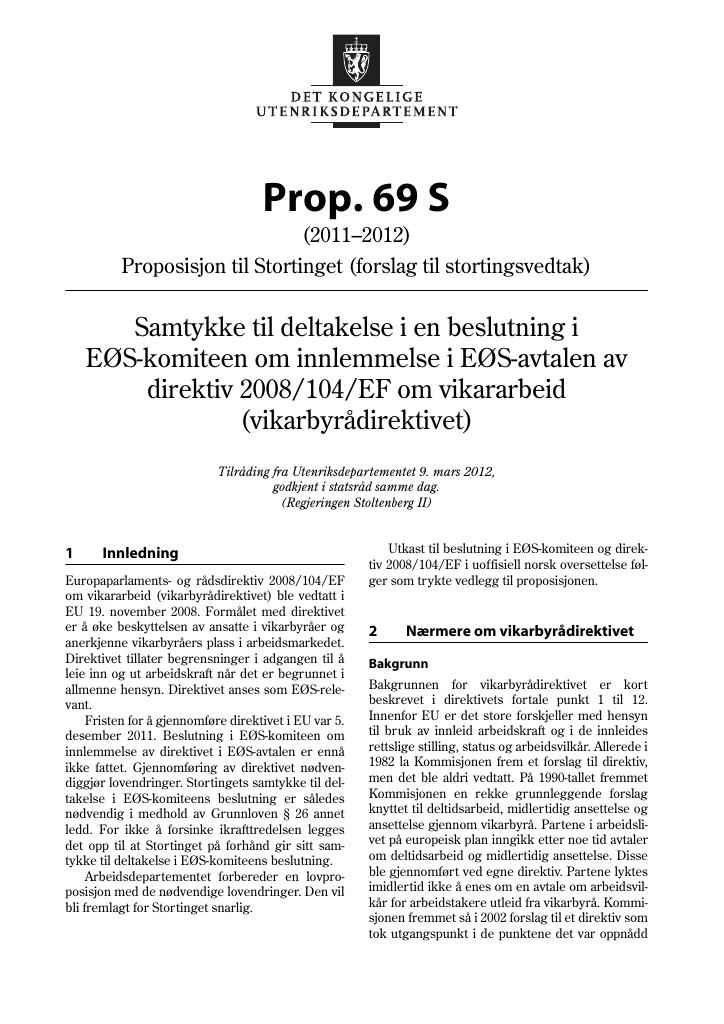 Forsiden av dokumentet Prop. 69 S (2011–2012)