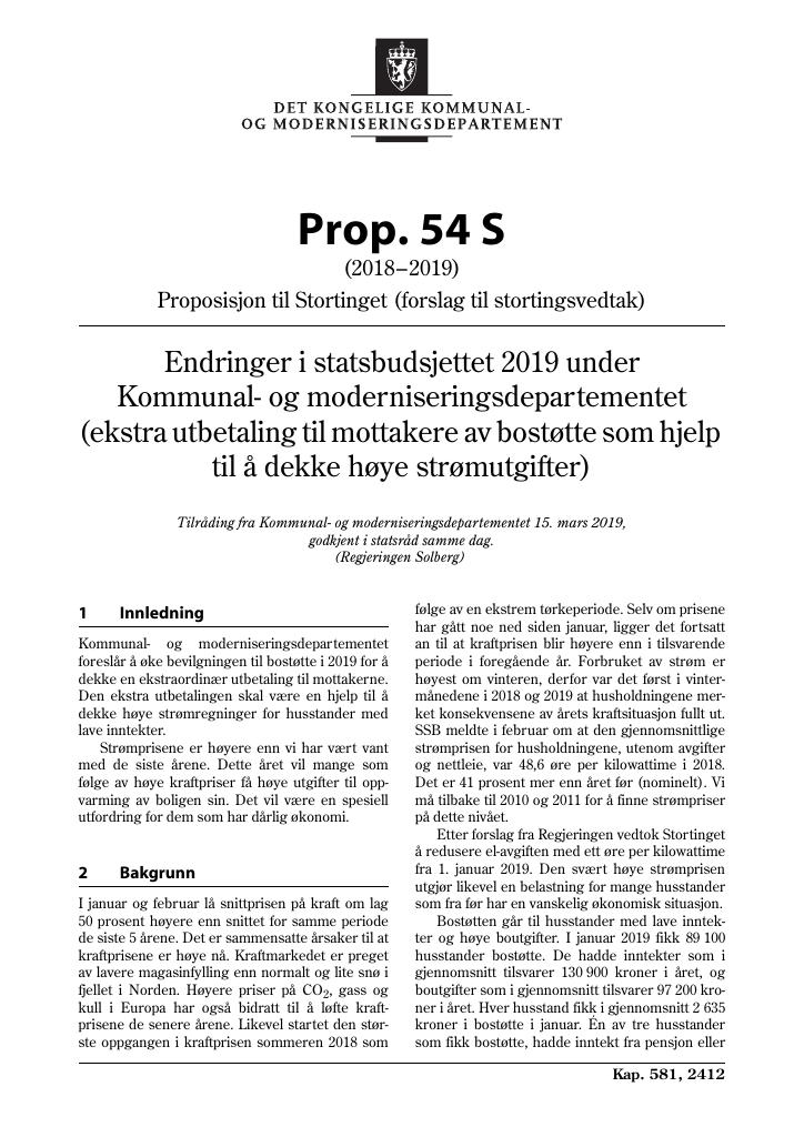 Forsiden av dokumentet Prop. 54 S (2018–2019)