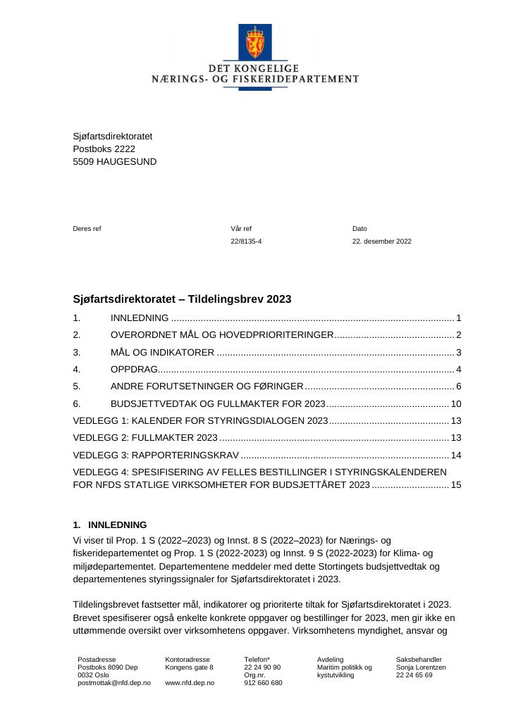 Forsiden av dokumentet Tildelingsbrev Sjøfartsdirektoratet 2023