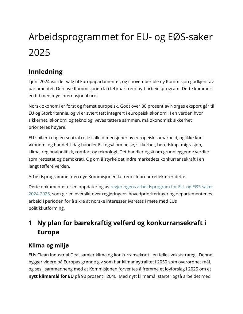 Forsiden av dokumentet Arbeidsprogrammet for EU- og EØS-saker 2025