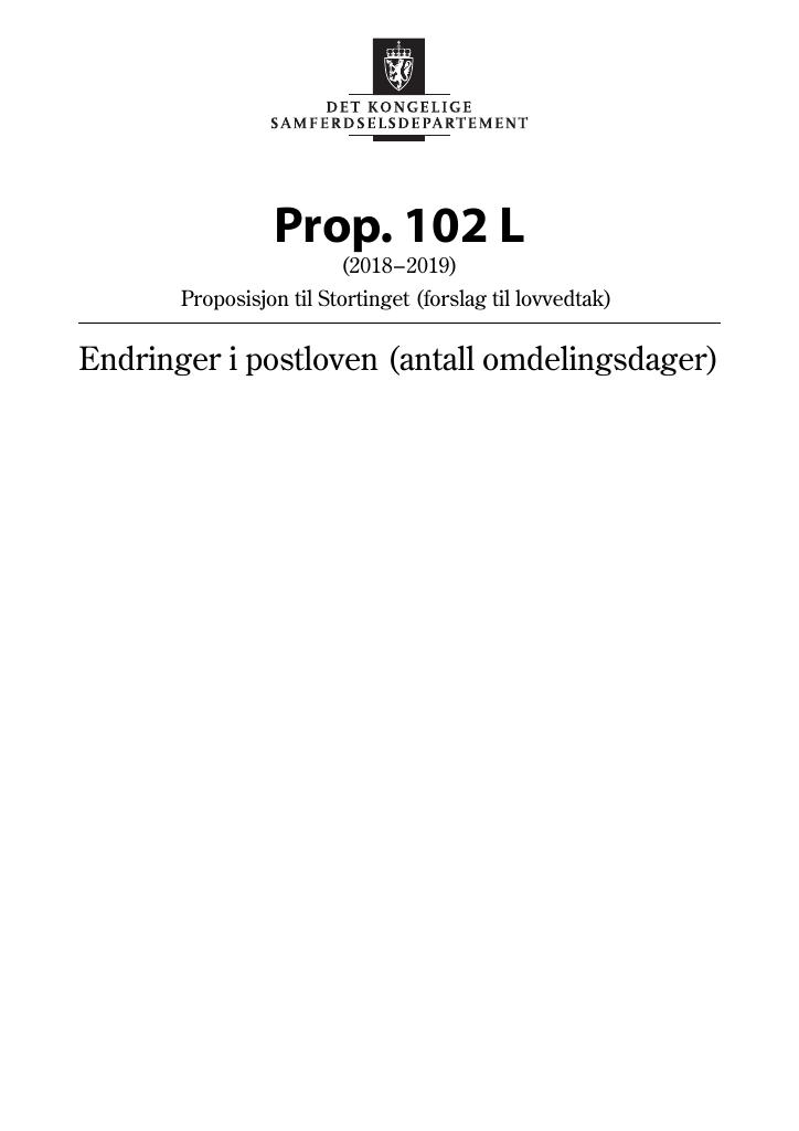 Forsiden av dokumentet Prop. 102 L (2018–2019)