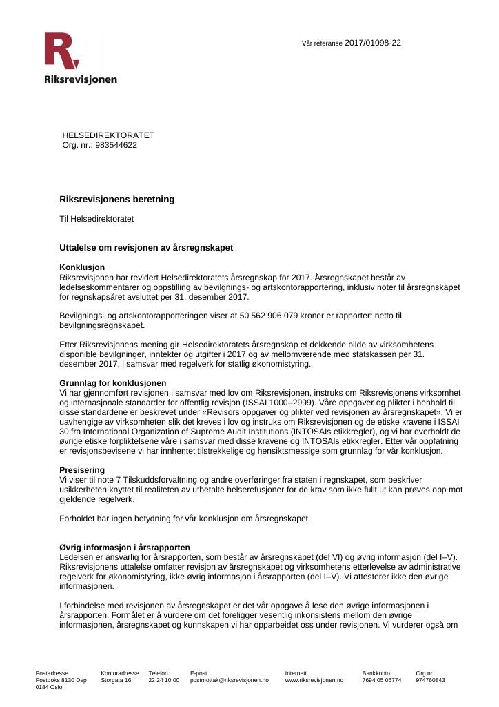 Forsiden av dokumentet Revisjonsberetning Helsedirektoratet 2017