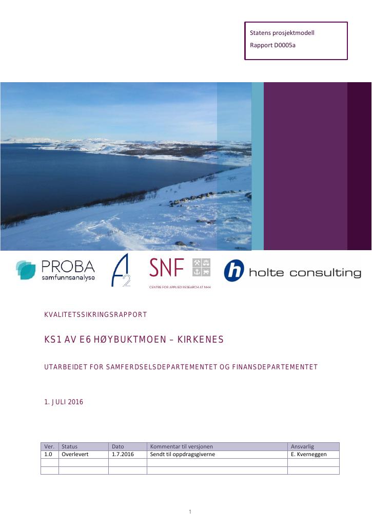 Forsiden av dokumentet Kvalitetssikringsrapport (KS1) for KVU E6 Høybuktmoen-Kirkenes