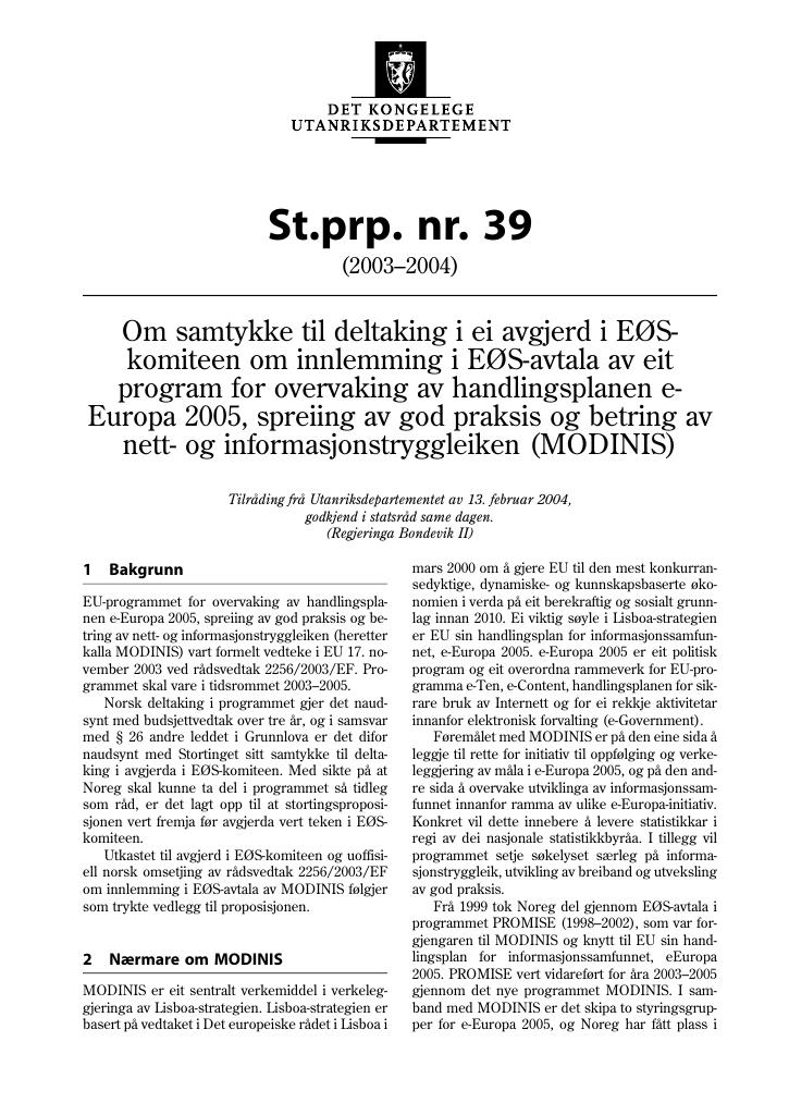 Forsiden av dokumentet St.prp. nr. 39 (2003-2004)