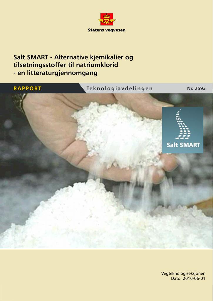 Forsiden av dokumentet Salt SMART - Alternative kjemikalier og tilsetningsstoffer til natriumklorid - en litteraturgjennomgang