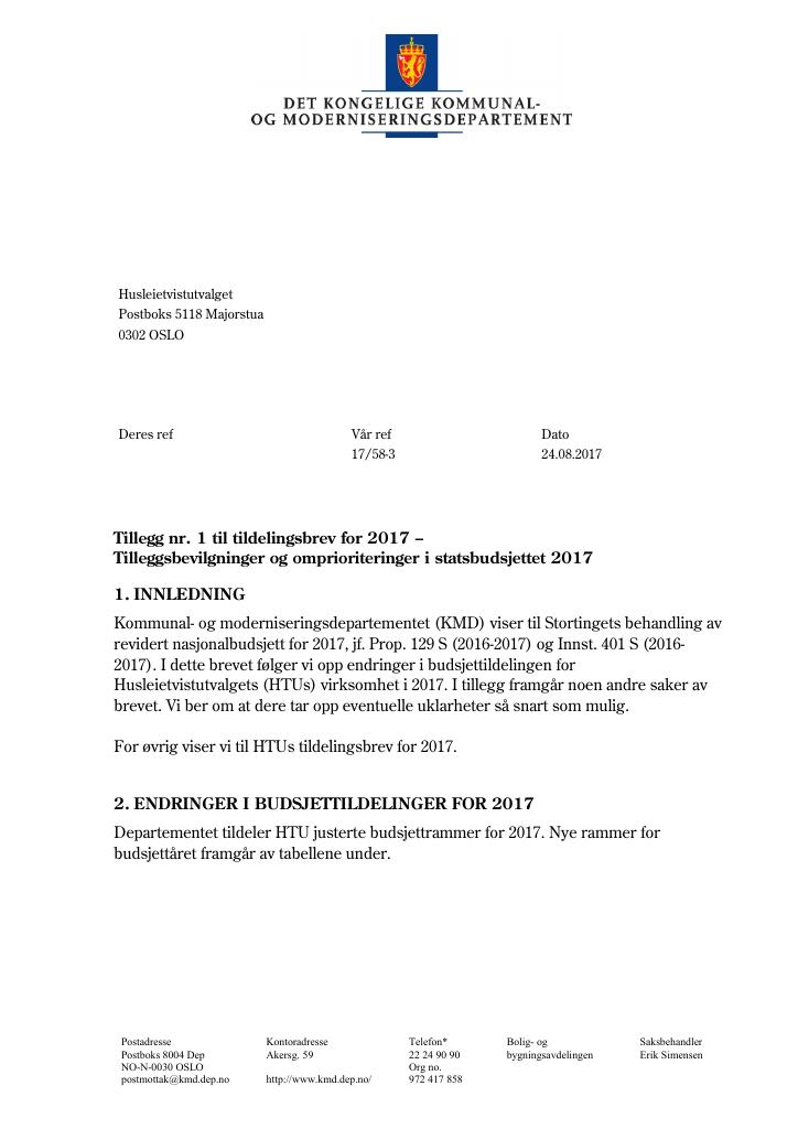 Forsiden av dokumentet Tilleggsbrev august 2017 (pdf