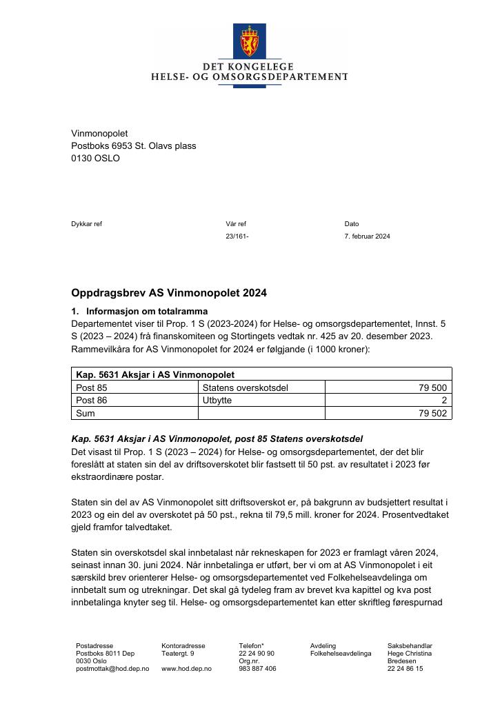 Forsiden av dokumentet Oppdragsbrev AS Vinmonopolet 2024