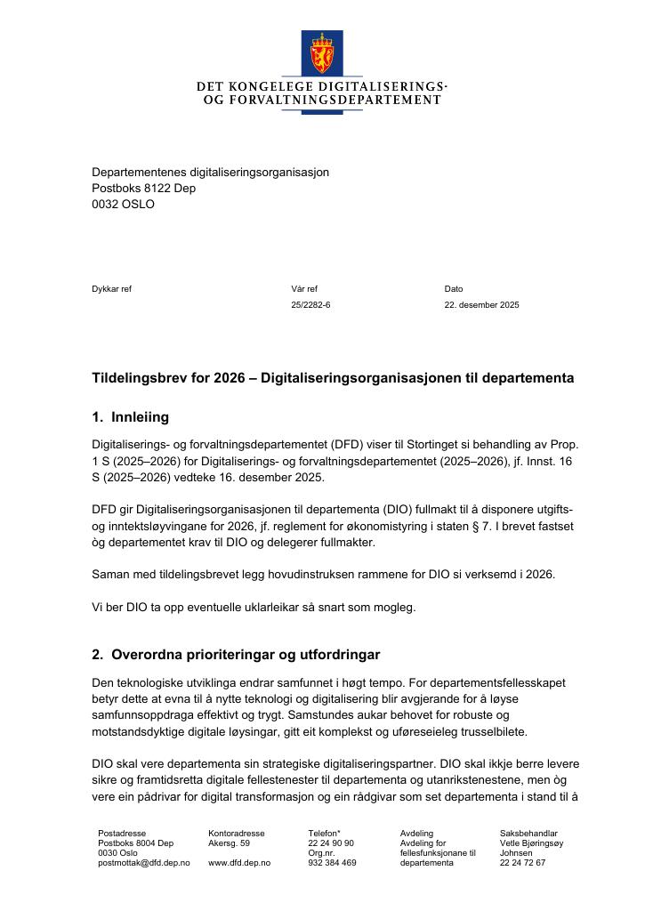 Forsiden av dokumentet Tildelingsbrev Departementenes digitaliseringsorganisasjon 2026