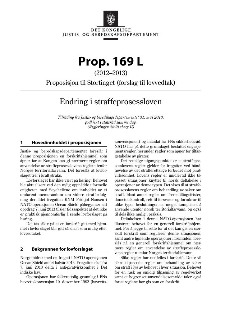 Forsiden av dokumentet Prop. 169 L (2012–2013)