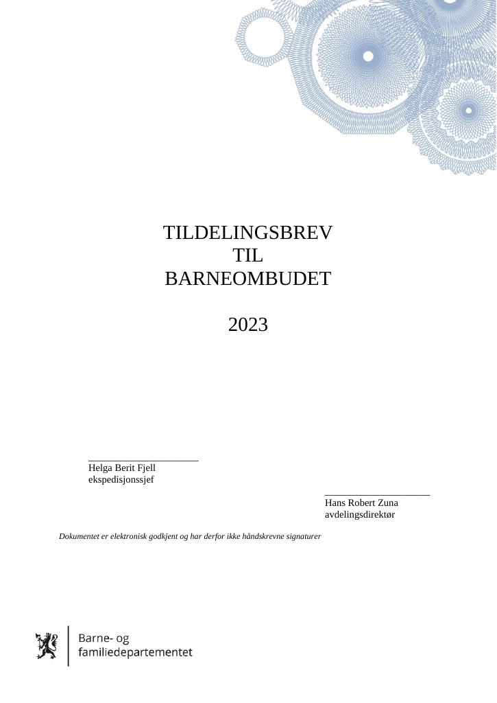 Forsiden av dokumentet Tildelingsbrev Barneombudet 2023