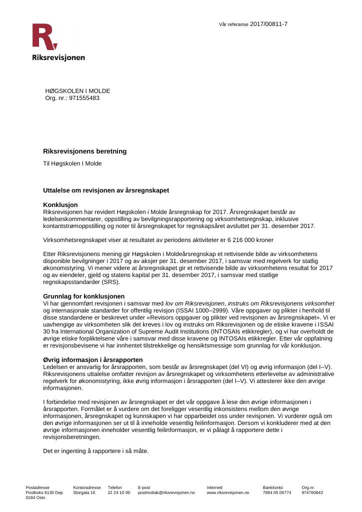 Forsiden av dokumentet Revisjonsberetning Høgskolen i Molde 2017