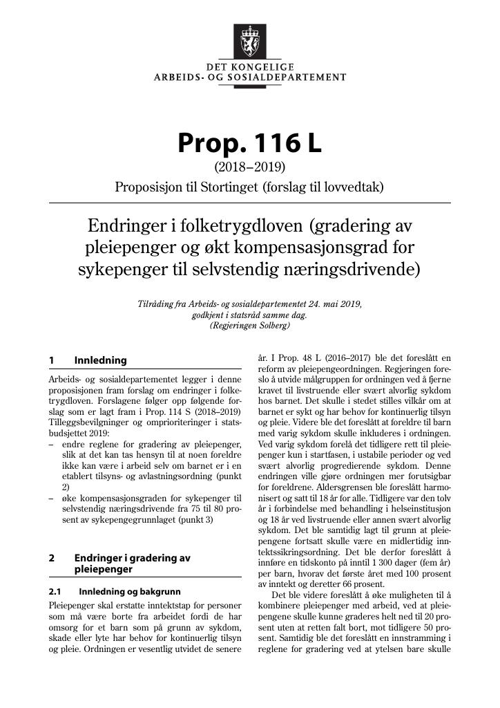 Forsiden av dokumentet Prop. 116 L (2018–2019)