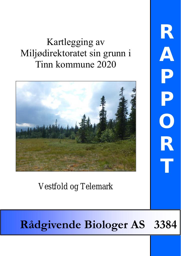 Forsiden av dokumentet Kartlegging av Miljødirektoratet sin grunn i Tinn kommune 2020. Vestfold og Telemark