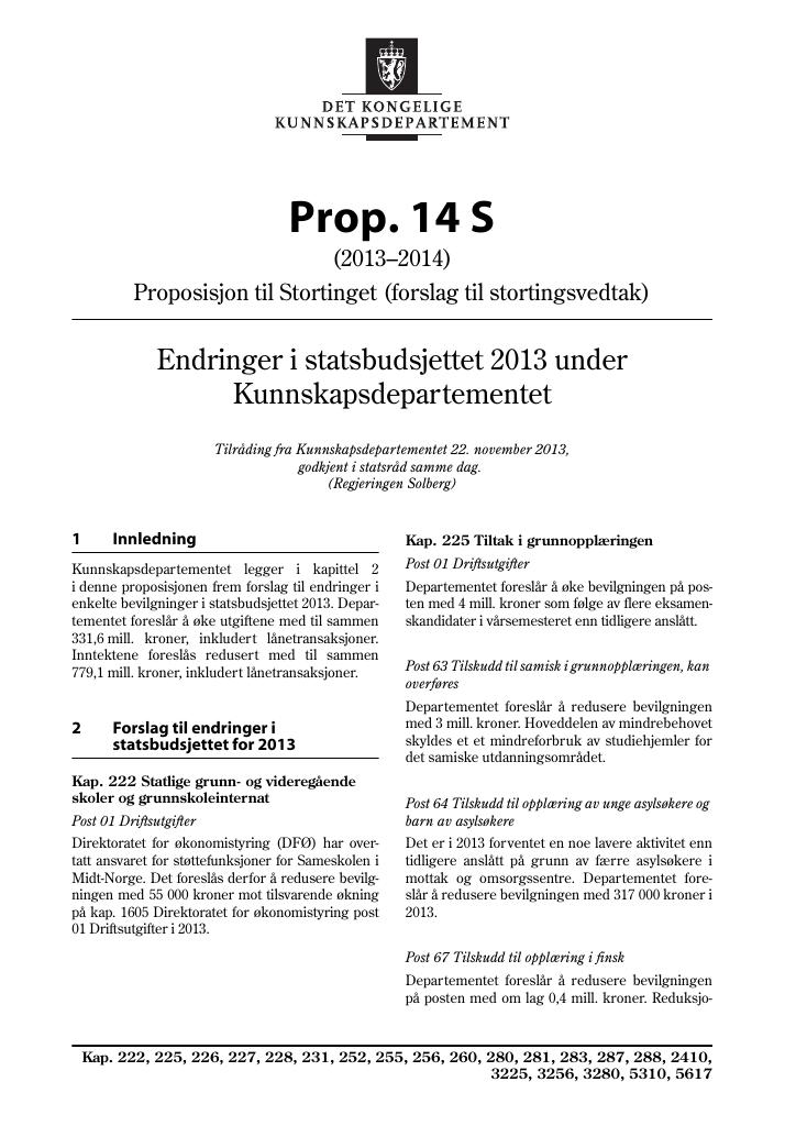 Forsiden av dokumentet Prop. 14 S (2013–2014)