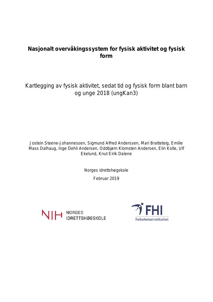 Forsiden av dokumentet Kartlegging av fysisk aktivitet, sedat tid og fysisk form blant barn og unge 2018 (ungKan3)