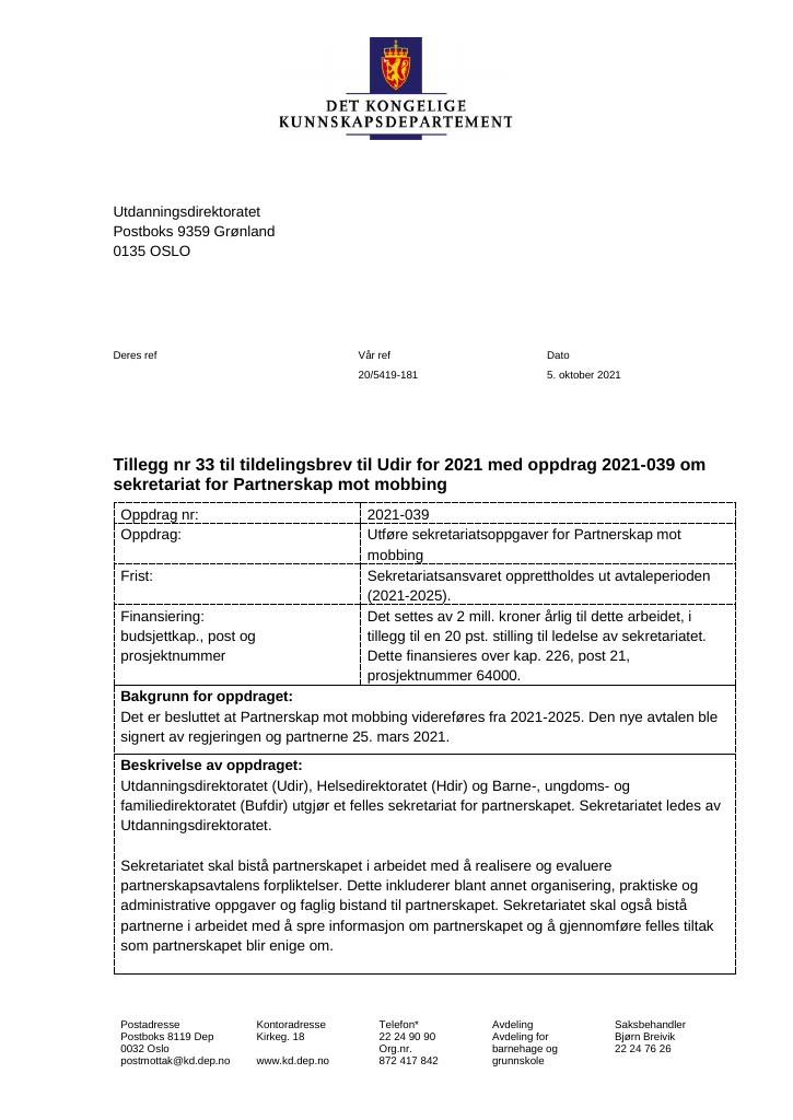 Forsiden av dokumentet Tildelingsbrev Utdanningsdirektoratet 2021 - tillegg nr. 33