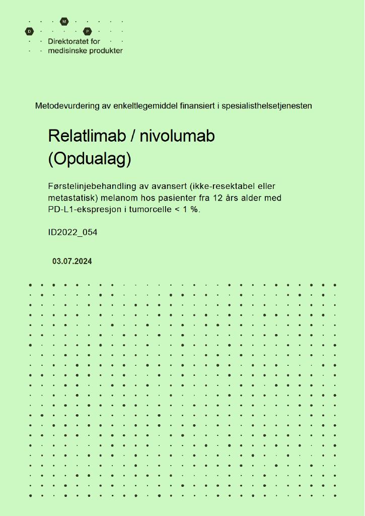 Forsiden av dokumentet Relatlimab / nivolumab (Opdualag) : Førstelinjebehandling av avansert (ikke-resektabel eller metastatisk) melanom hos pasienter fra 12 års alder med PD-L1-ekspresjon i tumorcelle < 1 %
