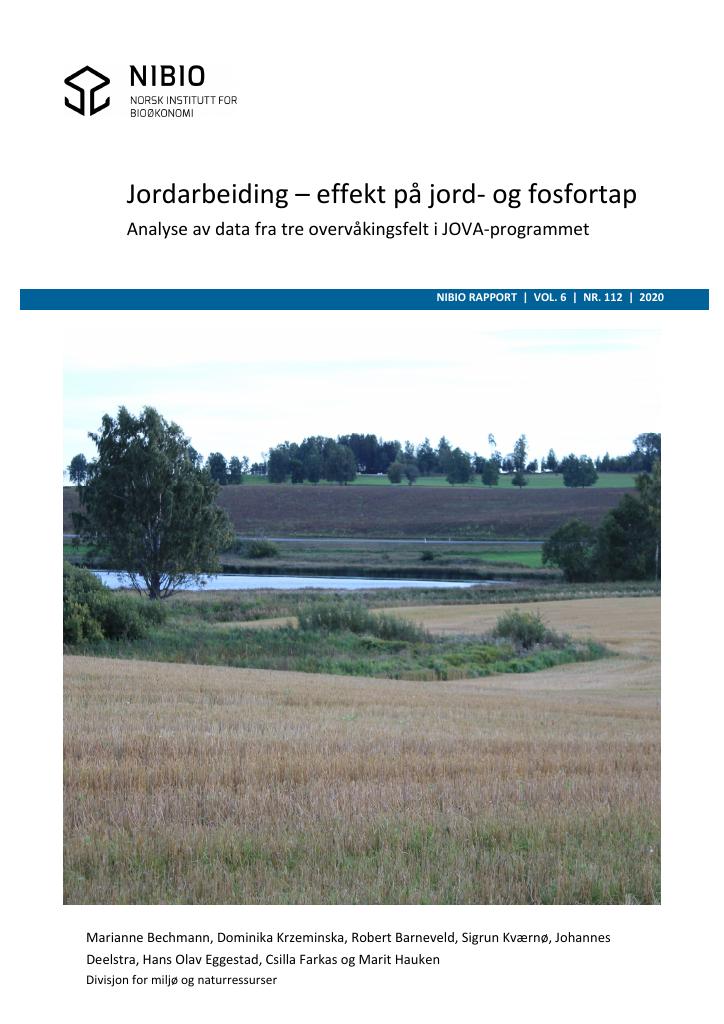 Forsiden av dokumentet "Jordarbeiding – effekt på jord- og fosfortap. Analyse av data fra tre overvåkingsfelt i JOVA-programmet"