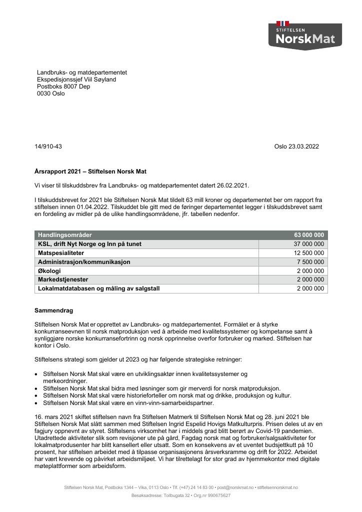 Forsiden av dokumentet Årsrapport Stiftelsen Norsk Mat 2021