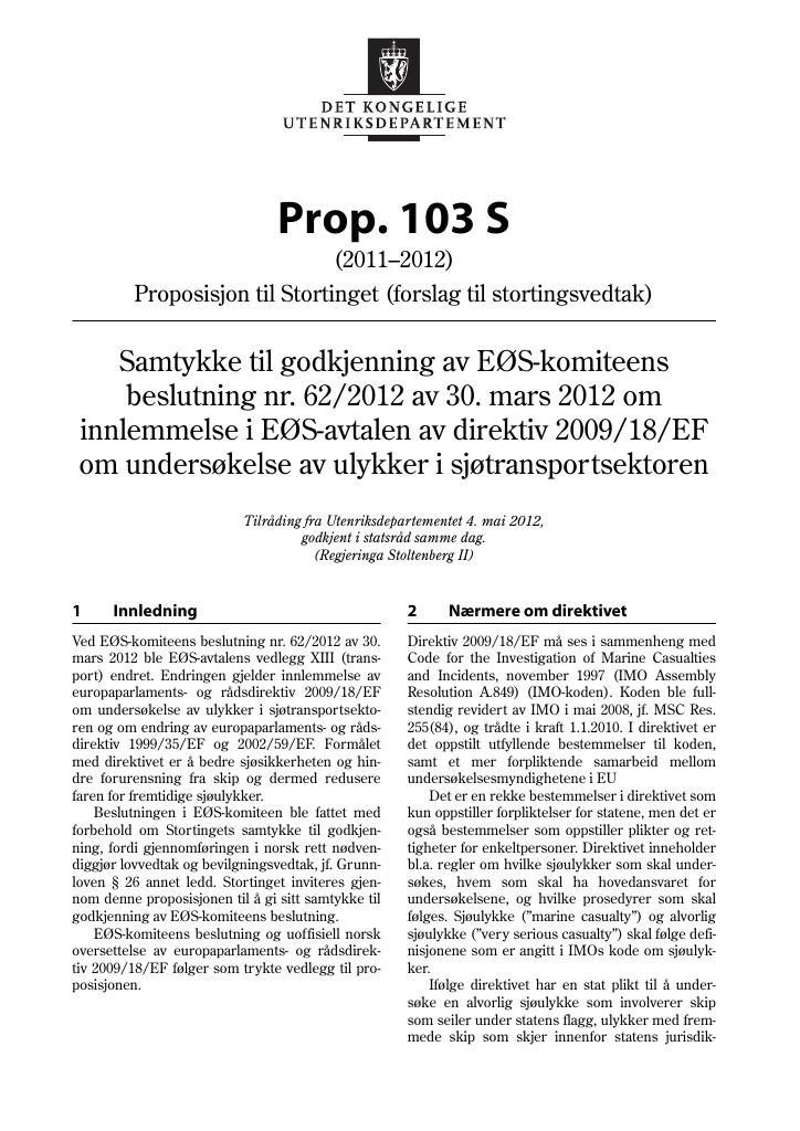 Forsiden av dokumentet Prop. 103 S (2011–2012)