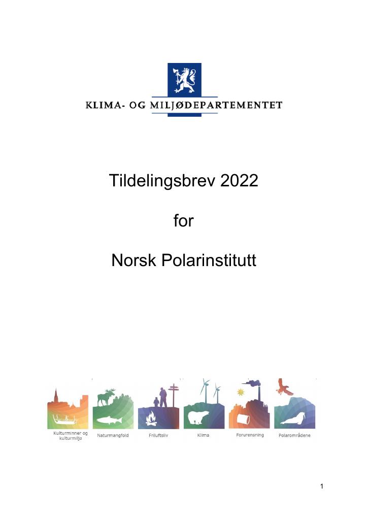 Forsiden av dokumentet Tildelingsbrev Norsk Polarinstitutt 2022