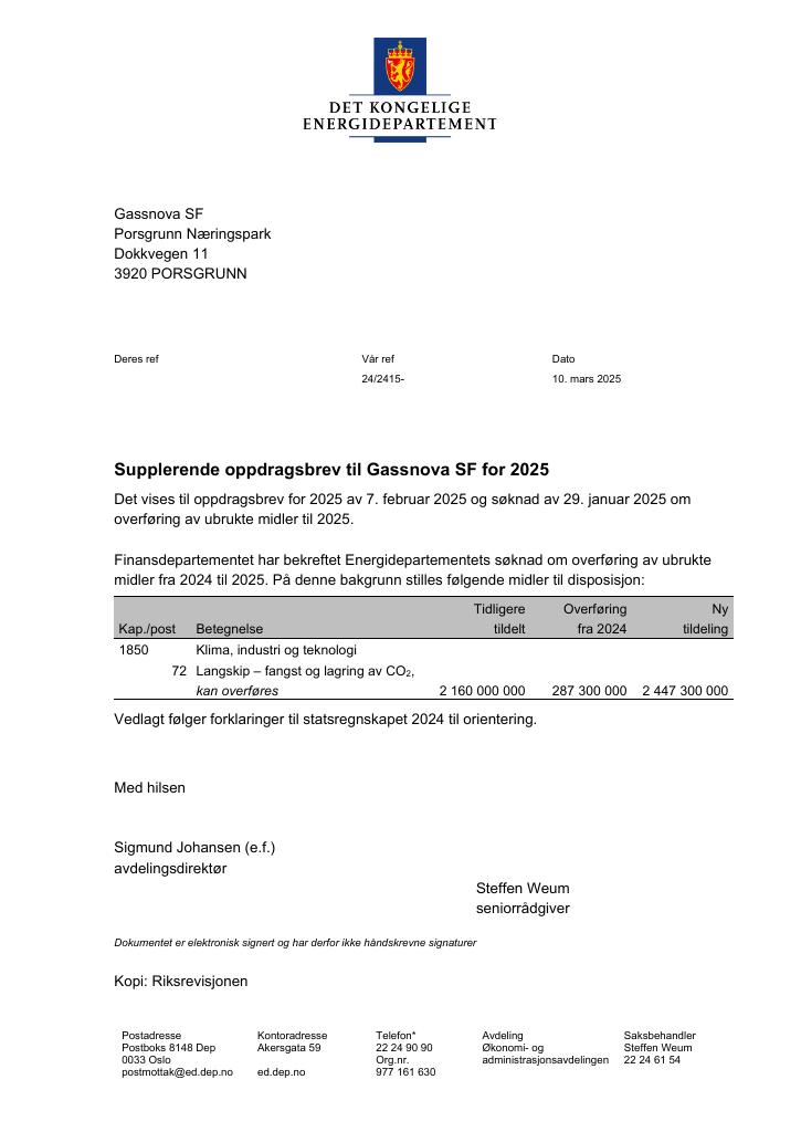 Forsiden av dokumentet Tildelingsbrev Gassnova SF 2025 - tillegg nr. 1