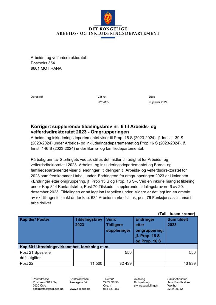 Forsiden av dokumentet Korrigert supplerende tildelingsbrev nr.6 2023 Arbeids- og velferdsdirektoratet (NAV)