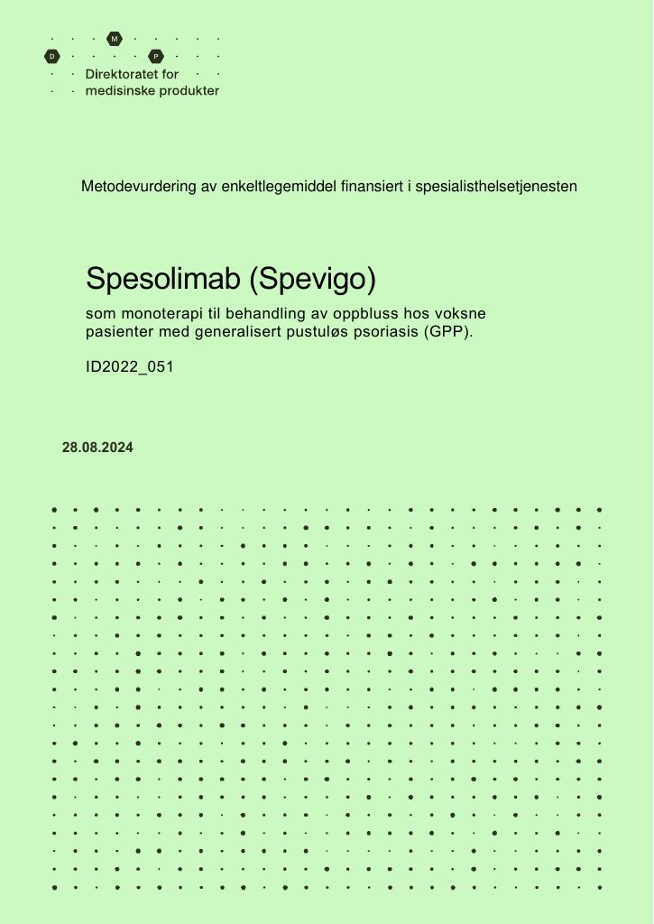 Forsiden av dokumentet Spesolimab (Spevigo) som monoterapi til behandling av oppbluss hos voksne pasienter med generalisert pustuløs psoriasis (GPP)