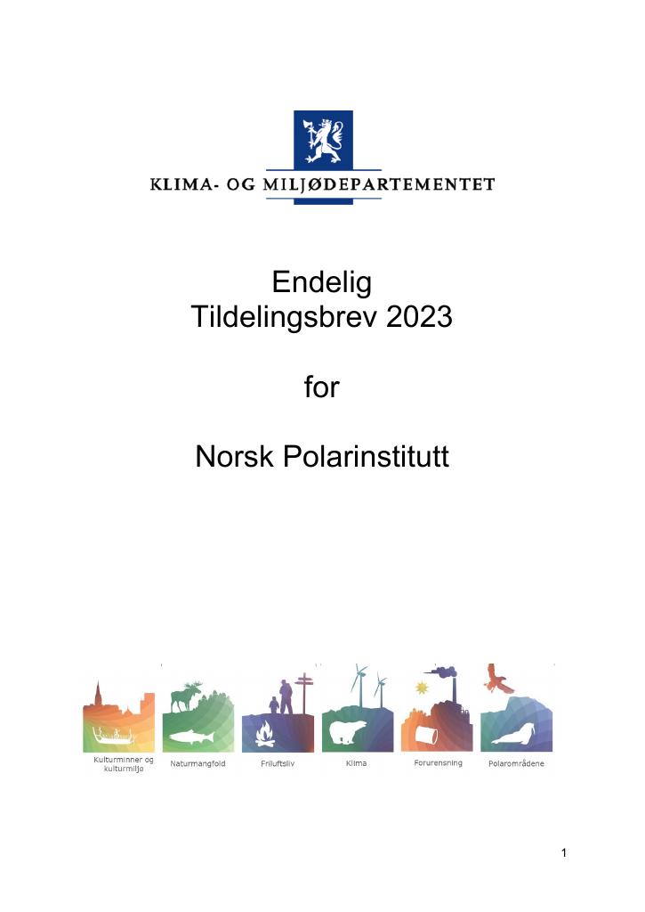 Forsiden av dokumentet Tildelingsbrev Norsk Polarinstitutt 2023