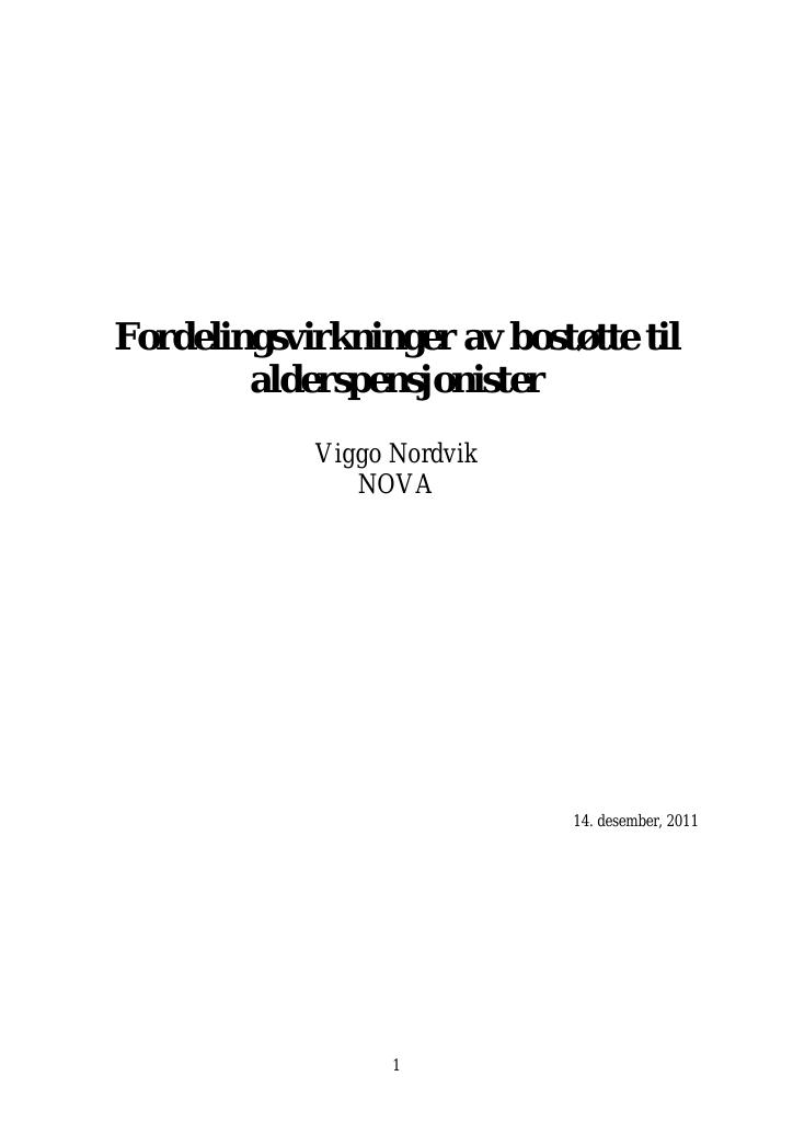 Forsiden av dokumentet Fordelingsvirkninger av bostøtte til alderspensjonister