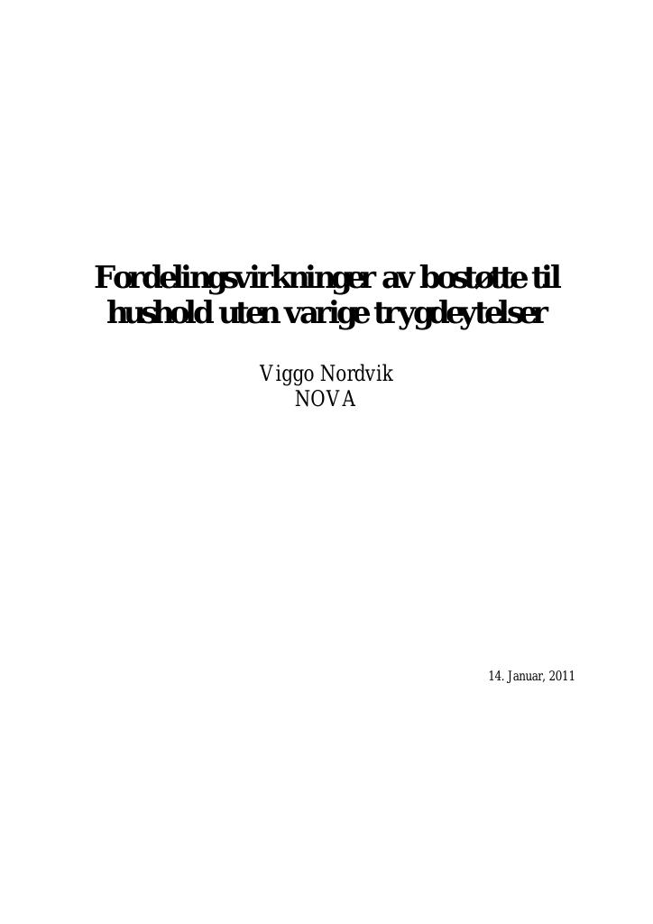 Forsiden av dokumentet Fordelingsvirkninger av bostøtte til hushold uten varige trygdeytelser