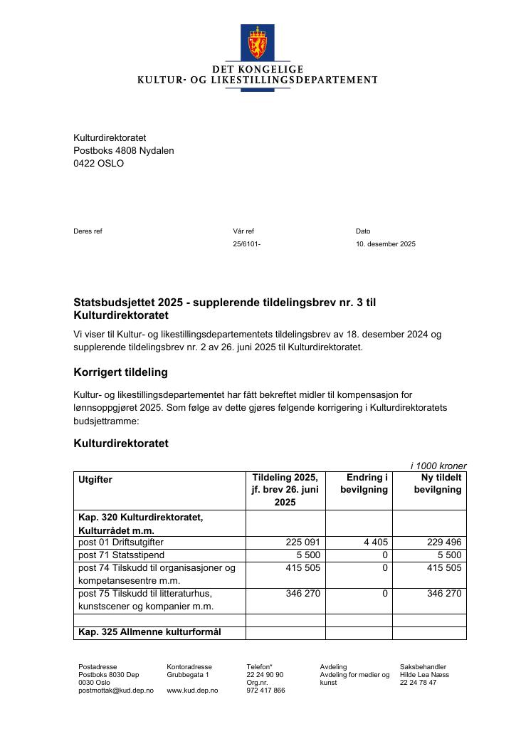 Forsiden av dokumentet Tildelingsbrev Kulturdirektoratet 2025 - tillegg nr. 3