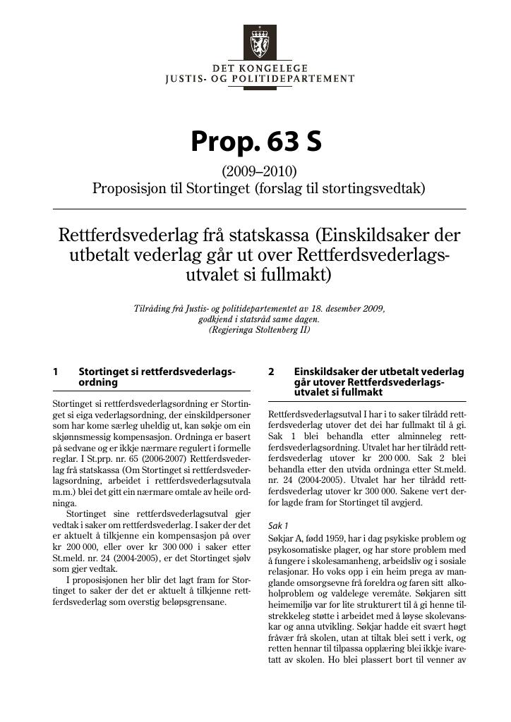 Forsiden av dokumentet Prop. 63 S (2009–2010)