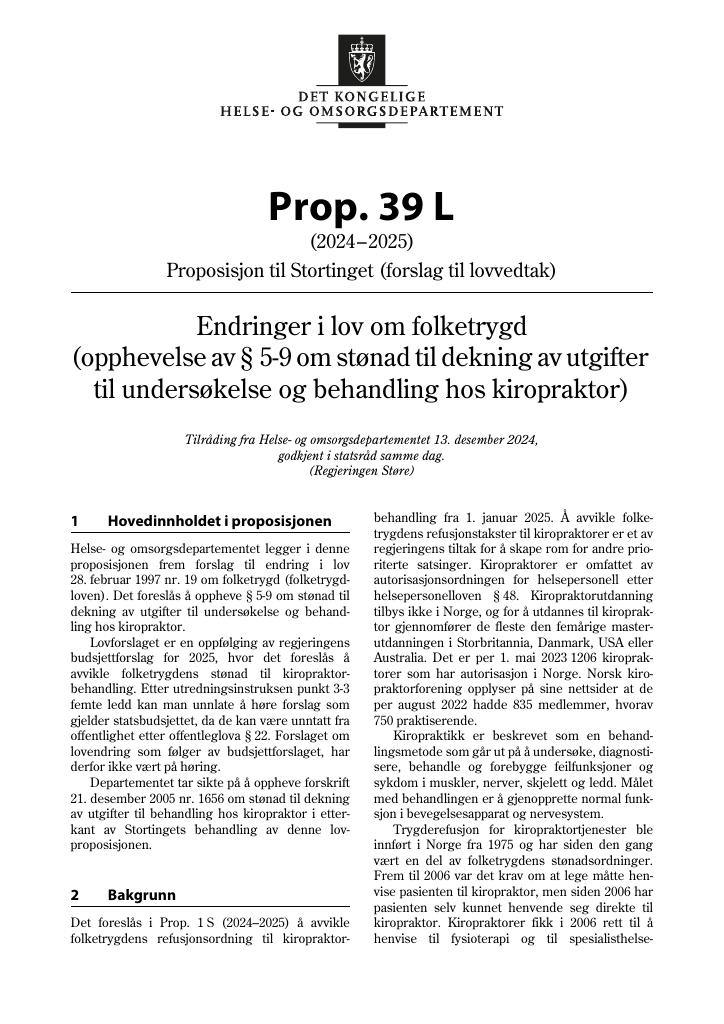 Forsiden av dokumentet Prop. 39 L (2024–2025)