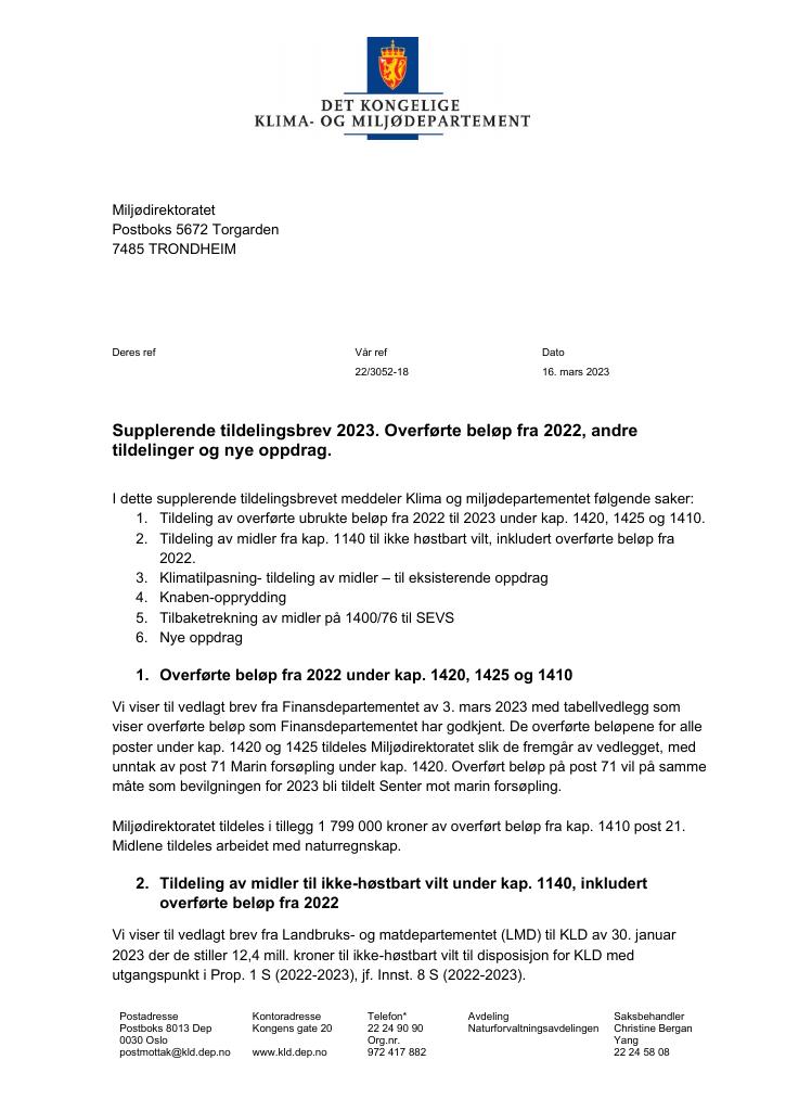 Tildelingsbrev Miljødirektoratet 2023 - Tillegg Nr. 1 - Kudos