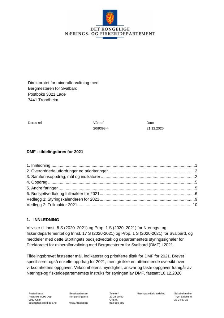 Forsiden av dokumentet Tildelingsbrev DMF 2021