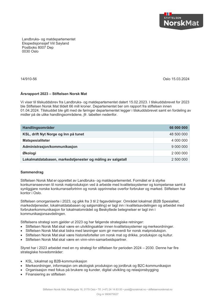 Forsiden av dokumentet Årsrapport Stiftelsen Norsk Mat 2023