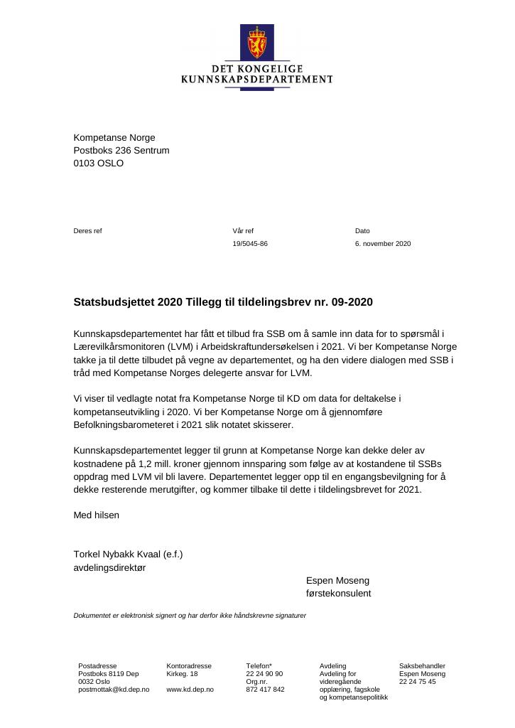 Forsiden av dokumentet Tildelingsbrev Kompetanse Norge 2020 - tillegg nr. 9