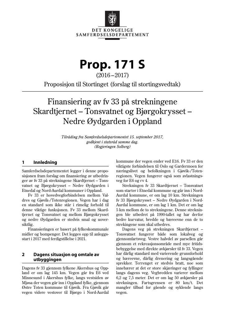 Forsiden av dokumentet Prop. 171 S (2016–2017)