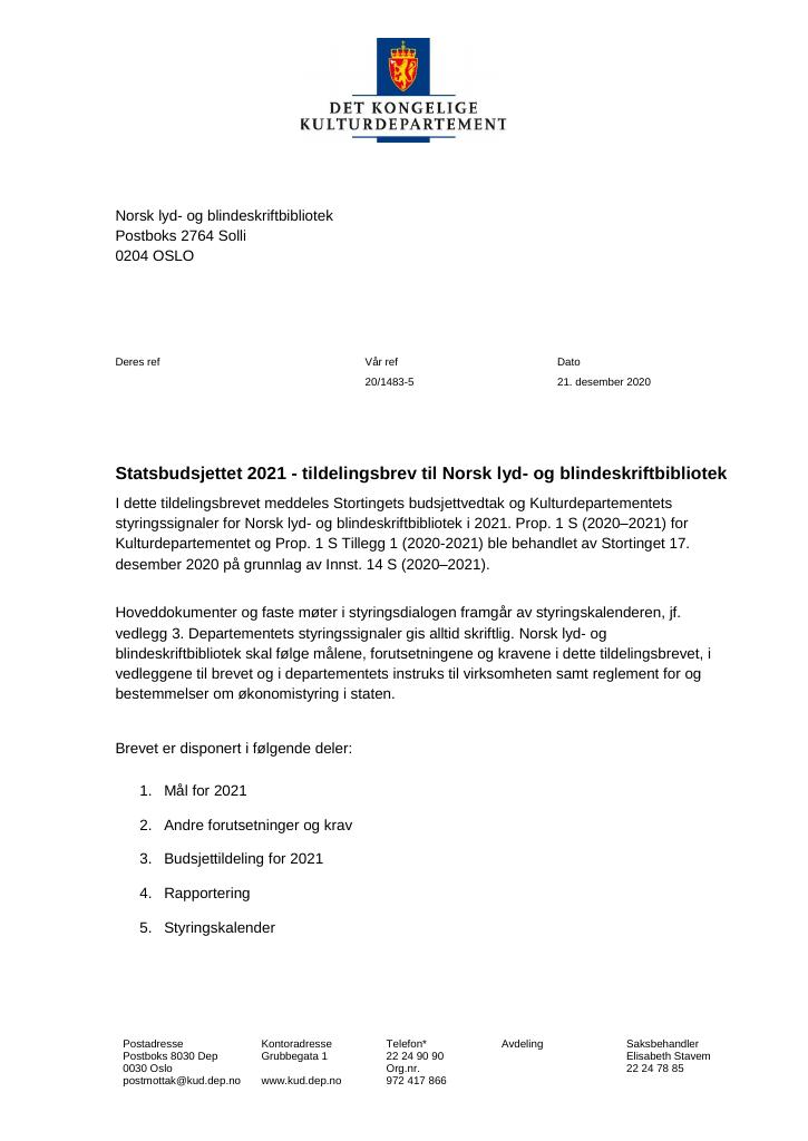 Forsiden av dokumentet Tildelingsbrev Norsk lyd- og blindeskriftbibliotek 2021